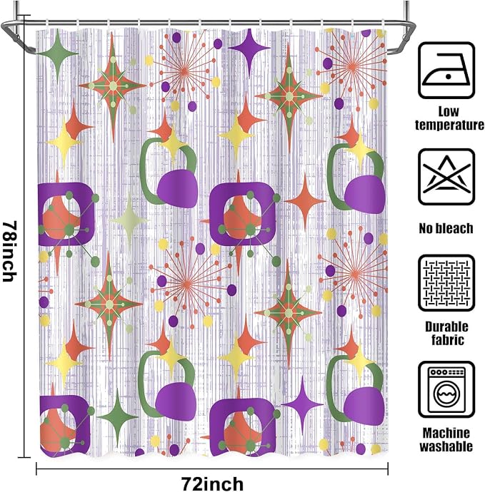 Mid Century Shower Curtain, 72x78inch, Modern Abstract Retro Purple Striped Geometric Shower Curtain Sets 1950s Boho Bathroom Shower Curtain with 12 Hooks