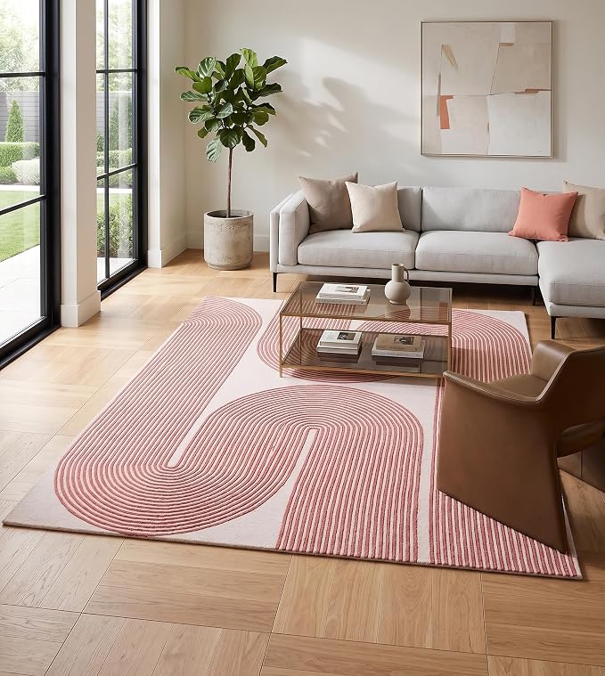 Modern Handmade Wool Area Rug, Abstract Curved Line Geometric Indoor Carpet for Living Room Bedroom, Contemporary Tufted Rug with Soft Pile and Cotton Backing (Dusty Rose, 9' x 12')