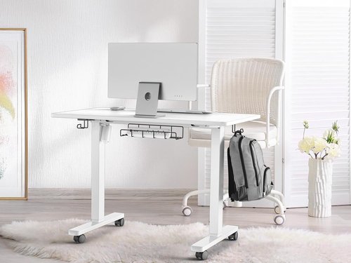 SHW Mobile Electric Height Adjustable Sit to Stand Desk - 40-Inch, White with Drawer & Cable Management