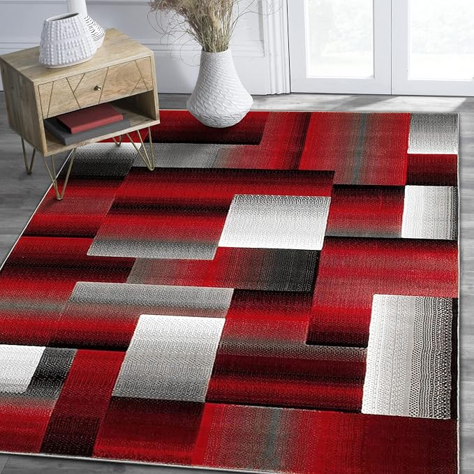 HR 5’ x 7’ Rug in Red - Premium Quality Red/Black/Gray Abstract Geometric Modern Squares Pattern Area Rug - Contemporary Styling for Living Room, Bedroom - Unique Home Décor