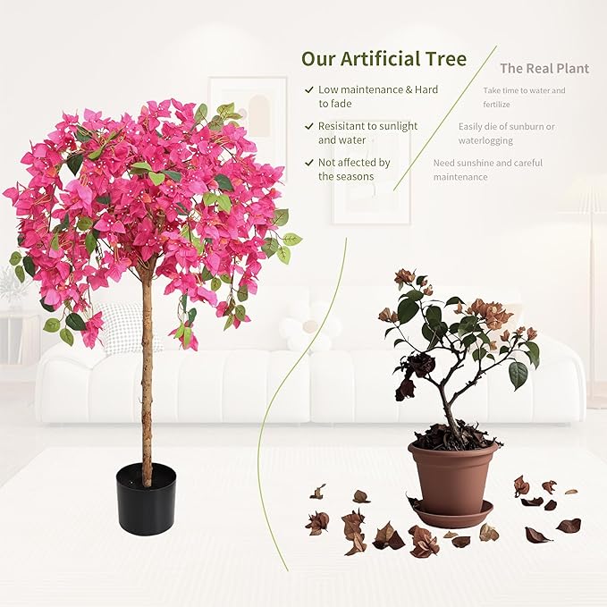 4 Feet Artificial Bougainvillea Trees, Fake Bougainvillea Pink Flowers Tree with Black Plastic Pot, Outdoor Faux Blooming Plants Potted 2 Packs for Decor Front Porch Indoor or Home Office (47 inch)