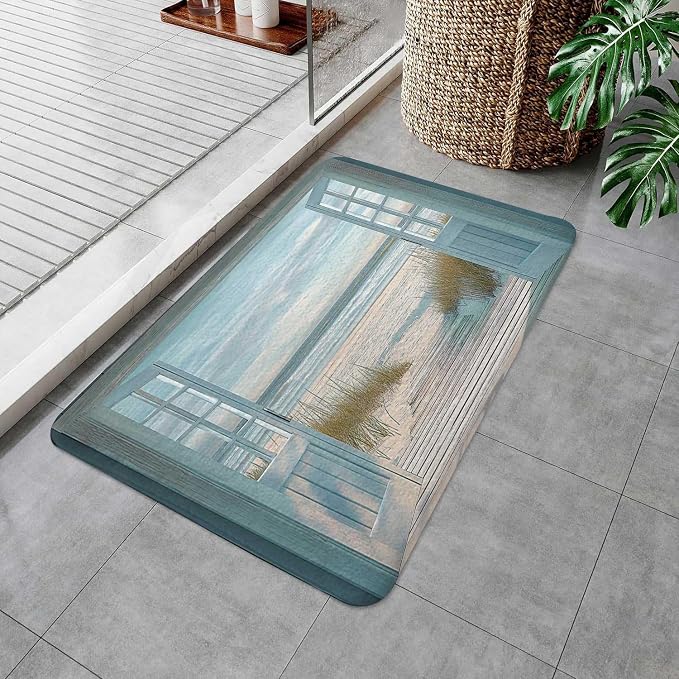 Blue Beach Barn Door Bath Rugs for Bathroom, Rustic Country Ocean Coastal Seaside Scenery Non Slip Flannel Bathroom Rug, Retro Teal Wood Dry Fast Water Absorbent Bath Mats, 17x29 Inch