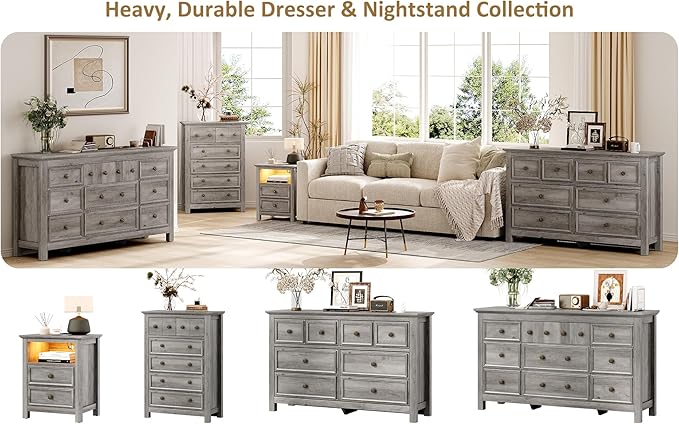 LGHM Set of 2 Nightstand with Charger Station Strip Lights, 20" W Large Night Stand with 2 Drawers, Accent Bed Side Table and End Table, Large Open Cubby, Stable Thick Wood Legs, Timeless Look,Gray