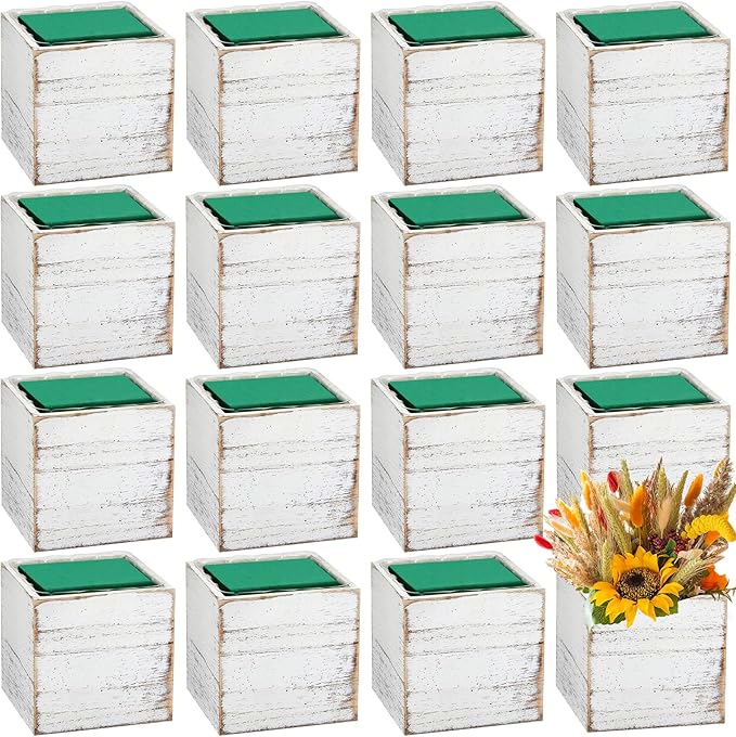 Dandat 18 Sets Wooden Cube Planter Boxes for Centerpiece 4 Inch Flower White Wood Rustic Square Vase with Removable Plastic Liner Floral Foam Block for Garden Wedding Christmas Home Arrangement Decor