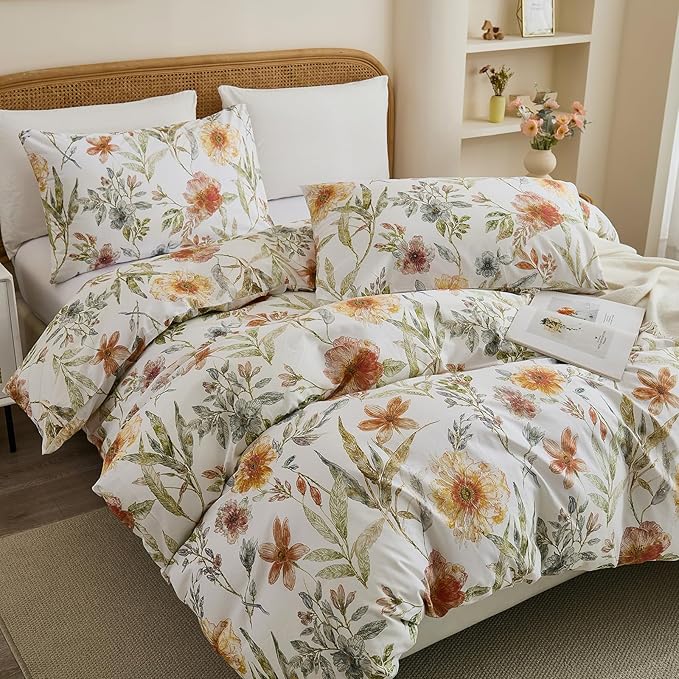 100% Cotton Duvet Cover Queen Size – Elegant Natural Yellow Floral Duvet Cover Set with Zipper Closure, 3-Piece Soft Breathable Durable Percale Cotton Bedding Set for All Seasons