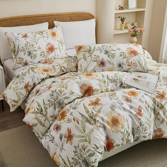 100% Cotton Duvet Cover Queen Size – Elegant Natural Yellow Floral Duvet Cover Set with Zipper Closure, 3-Piece Soft Breathable Durable Percale Cotton Bedding Set for All Seasons