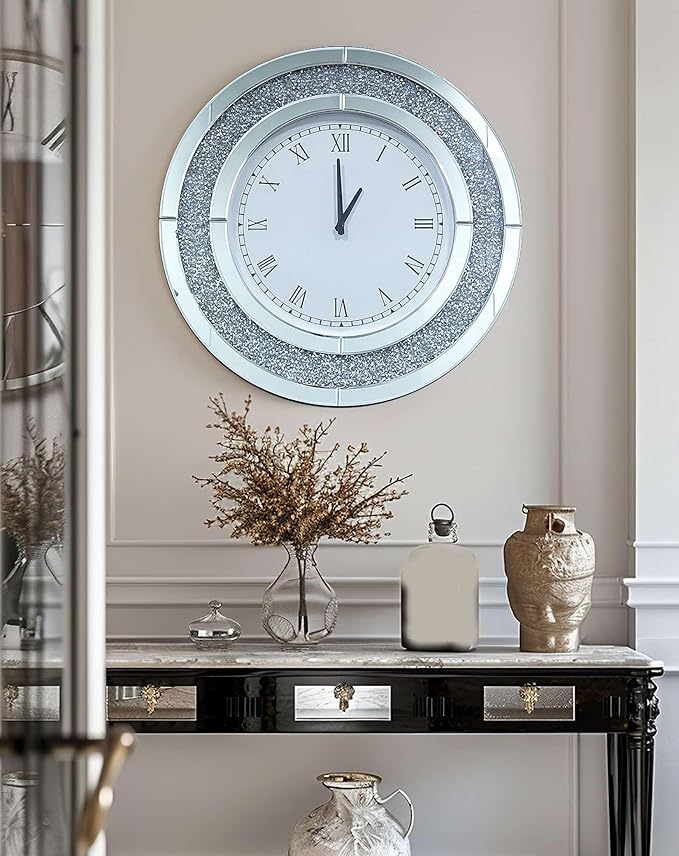 Crushed Diamond Wall Clock Round Decorative Mirrored Clock 32 inch Silver