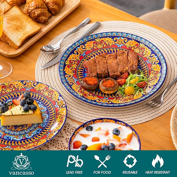 vancasso Plates and Bowls Sets,12-Piece Porcelain Dinnerware Set Service for 4, Bohemian Style Dishes Set for 4, Kitchen Dinner Set, Microwave and Dishwasher Safe, Scratch Resistant, Series KRVI