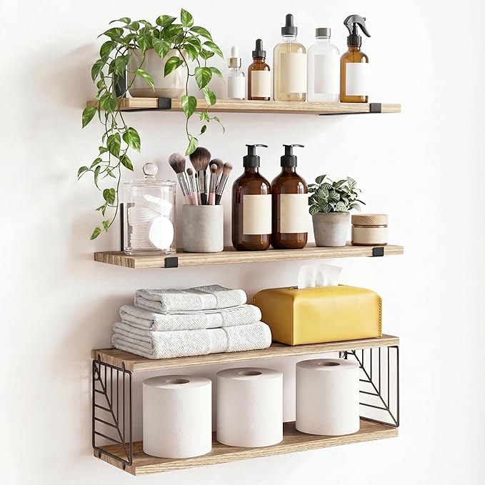 Fixwal Bathroom Floating Shelves Over Toilet, 15.8in Farmhouse Rustic Wood Shelves, Wall Decor for Bathroom, Living Room,Bedroom and Kitchen (3 Plus 1 Tier Rustic Brown)