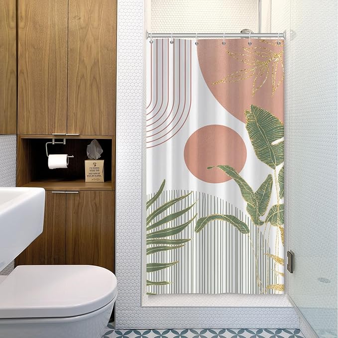 Mid Century Boho Shower Curtain, Abstract Modern Sun Minimalist Aesthetic Shower Curtain, Bohemian Geometric Arch Curve Leaves Neutral Art Fabric Bathroom Curtains Pink 36x72 inch