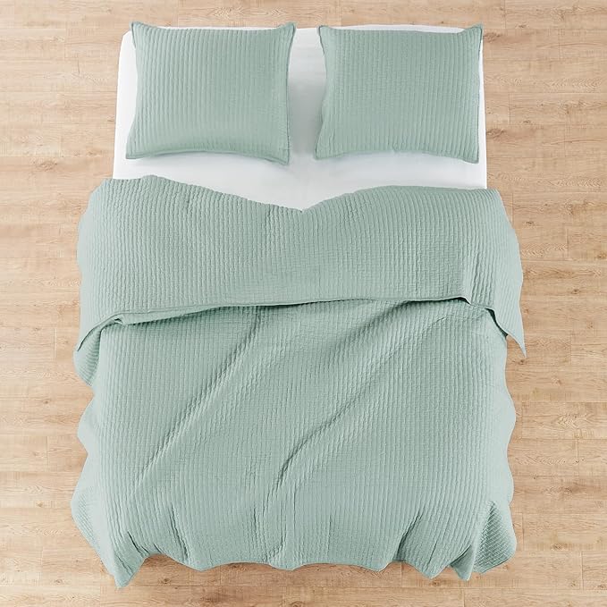 Levtex Home Cross Stitch Reversible Queen Bedspread Set (104x106in) with 2 Pillow Shams (26x20in) - Stitch Texture - Blue Haze - Cotton Queen Size Bedspread Set - Lightweight, Soft, Pre-Washed