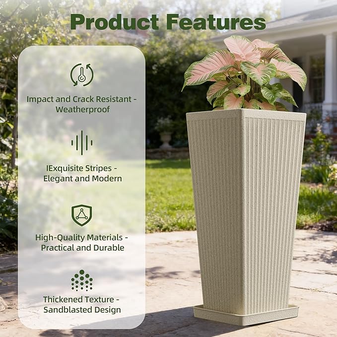 Square Tall Planters for Outdoor Plants Set of 2-23.6" Heavy-Duty Classic Tapered Indoor Flower Pots with Drainage Holes/Partition/Tray, Large Outdoor Planters for Porch Patio Garden, Beige