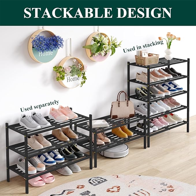 Smiry Bamboo Shoe Rack 5-Tier, Stackable Wooden Shoe Organizer for Entryway & Closet, Free Standing Wood Shoe Storage Shelf for Front Door & Small Spaces, Black