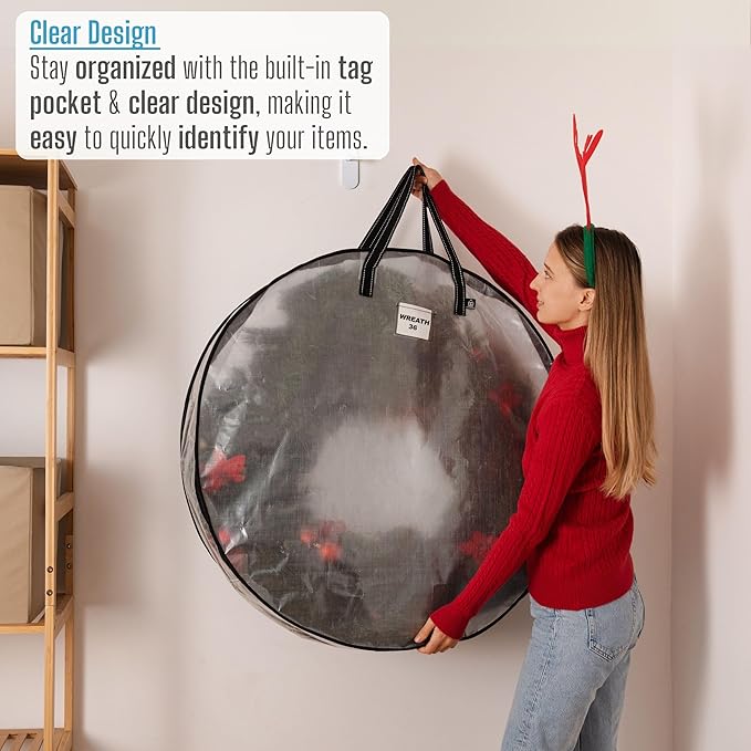 VENO 2 Pack Christmas Wreath Storage Container - 36 Inch Clear Wreath Bag, Christmas Garland and Holiday Decoration Organizers with Zipper and Durable Handles (Clear, 36"-2 Pack)