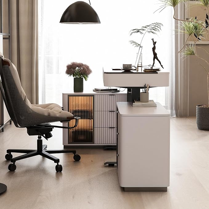 Lartis Office Desk, Electric Standing Desk with Built-in Outlets, Tempered Glass Top Modern Office Computer Desk with 2 Side cabinets (Ivory White, 50)