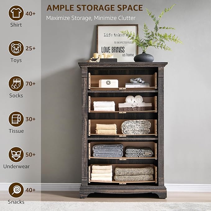 T4TREAM Farmhouse 5 Drawer Dresser for Bedroom, 47" Tall Wood Dresser with Ample Storage Space and Rustic Charm, Dark Rustic Oak