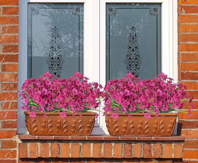 Ouddy Decor 12 Bundles Artificial Flowers for Decorations Fake Silk Plants for Outdoors UV Resistant Faux Plastic Greenery Stems for Garden Porch Window Box Home Spring Decor, Rose Red