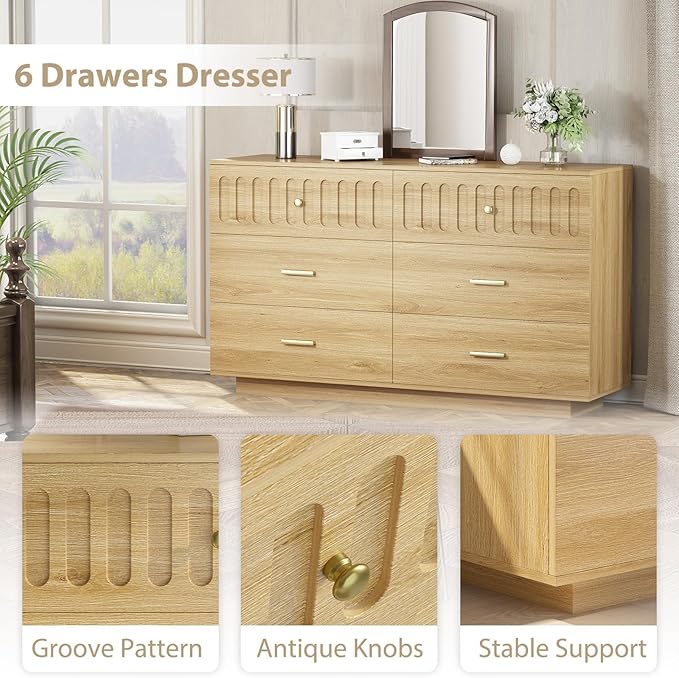IBF Modern Fluted 6 Drawer Dresser for Bedroom, Fluted 55 Inch Chest of Drawers for Kid Adult Closet, Large Wood Clothes Storage Dresser with Anti-Tipping Device for Living Room Hallway, Oak