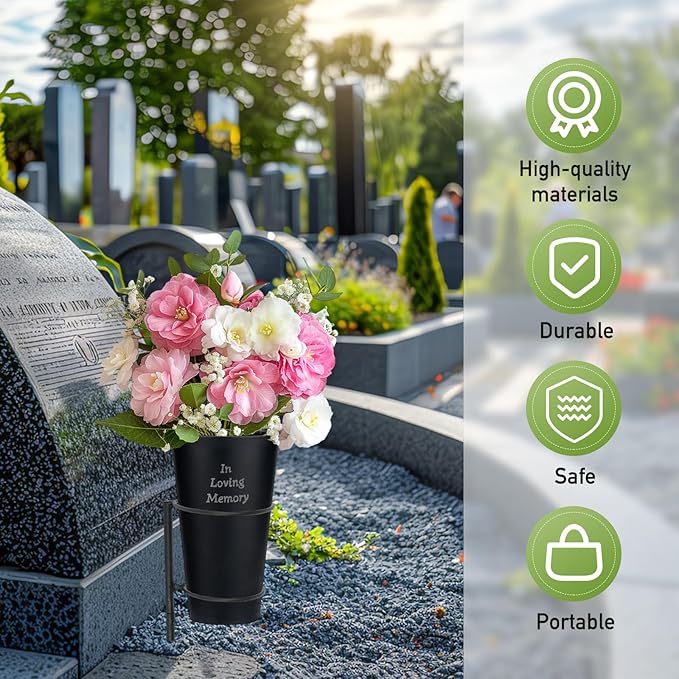 Engraving Metal Cemetery Vases Flower Holder with Spikes Memorial vases for Grave Vase Decorations for Cemetery Vase Flower Holder for Memorial Grave Lawn Yard Funeral Headstone Decor with Freely DIY
