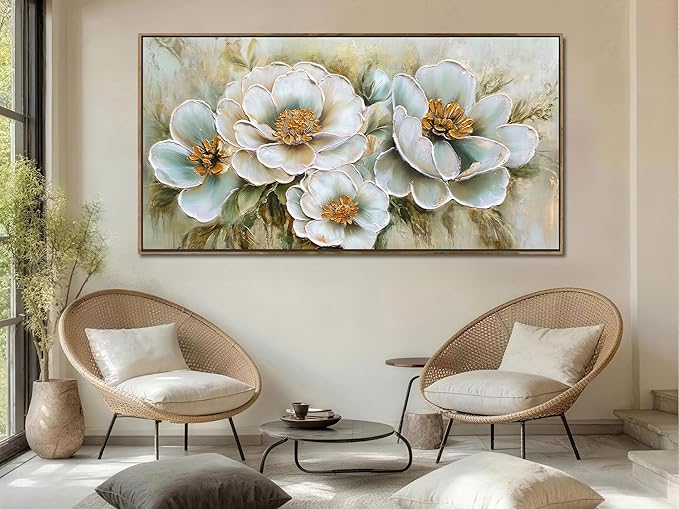 Arjun Framed Canvas Wall Art for Bedroom, Large Wood Frame Vintage Flower Painting Living Room Textured Artwork Gold Picture Bloosom Dining Room Kitchen Home Office Wall Decor, 48"x24"
