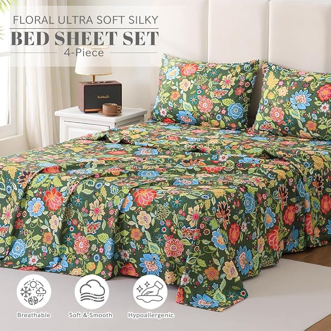 Bedlifes Queen Sheet Set Ultra Soft, Breathable, Silky Flower Deep Pocket 100% Microfiber Bedding, 4 Piece Queen Size with Floral Dark Green