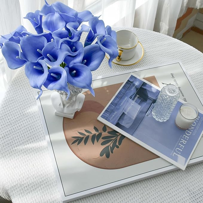 Mandy's PU Light Blue Calla Lily Artificial Flowers 20 Stems 13.5in Faux Realistic Centerpiece for Thanksgiving and Christmas Decorations DIY Bridal Bouquet Home Décor