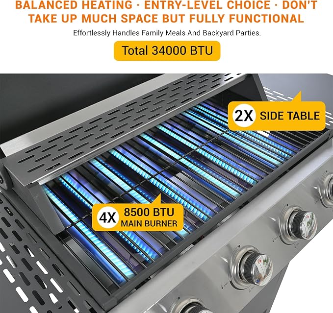 EUHOME 4-Burner Gas Grill with Side Burner & Cover, 51000 BTU Stainless Steel Outdoor BBQ Grill, 452 sq.in Cooking Area, Ideal for Backyard, Patio Large Gatherings
