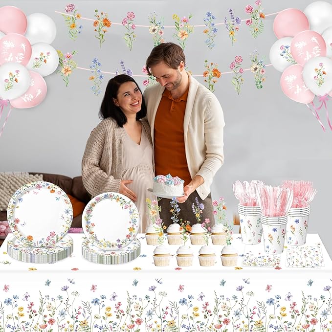 175 PCS Spring Wildflower Party Decorations include Plates, Cups, Napkins, Cutlery, Cake Toppers, Banner, Tablecloth, Balloons for Floral Baby Shower Birthday Decorations, Serves 20