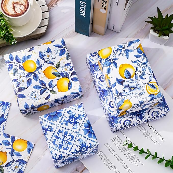 JarThenaAMCS 12 Sheet Chinoiserie Lemons Wrapping Paper -Not Roll- Watercolor Blue Tiles Lemon Gift Wrap Paper Folded Flat Art Paper for DIY Crafts Gift Wrapping, 19.7 x 27.6 Inch