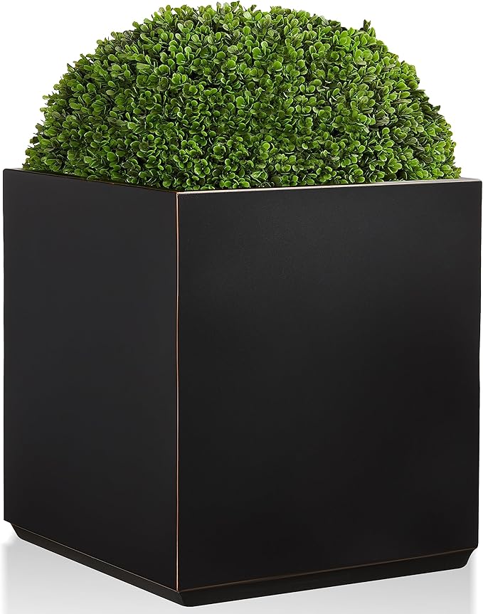 Wallowa Metallic Heavy Cube Planter Box, No Assemble, Seamless Large Square Planter for Trees, Plants and Flowers 21”Lx21”Wx24”H 35Pounds Black with Hand Brushed Gold Rim