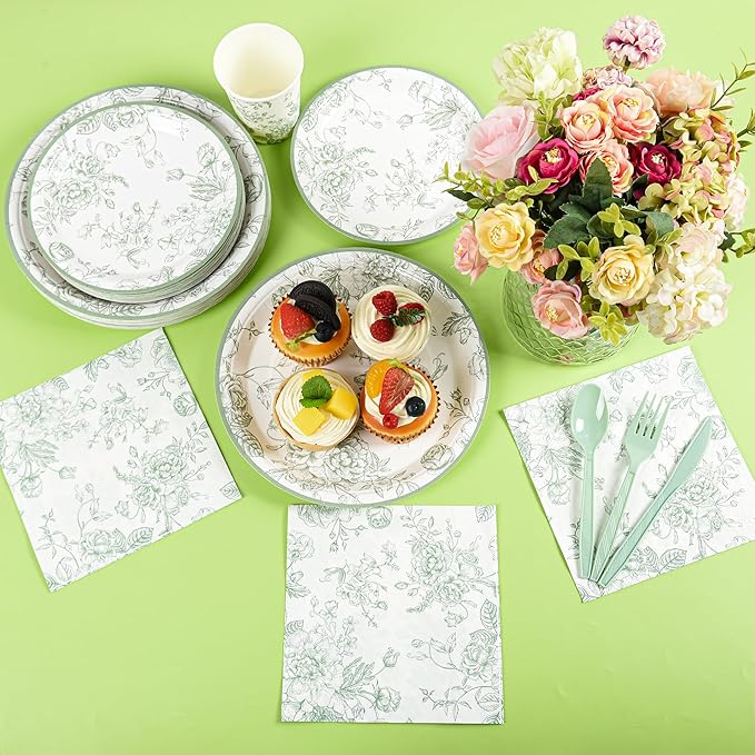 175Pcs Sage Green Floral Paper Plates and Napkins 25 Guests Green Toile Chinoiserie Party Supplies Set Include Plates Napkins Cups Spoons Forks Knives for Birthday Wedding (175, Sage Green Floral)