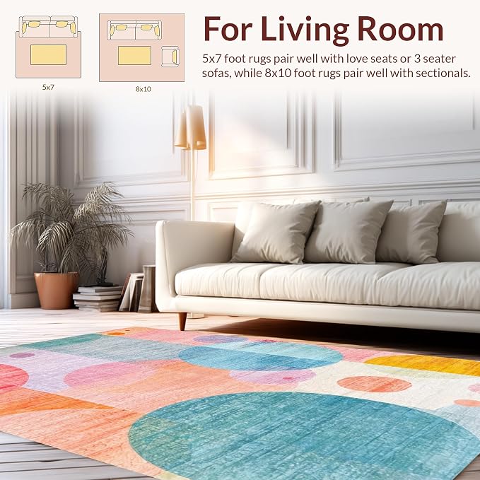 Flatwoven High Traffic Area Rug 5x7, Playful Bubble Cluster with Overlapping Circles and Translucent Color Blends, Non Slip, Stain Resistant, Washable Area Rugs for Living Room, Bedroom (Red, 5x7)