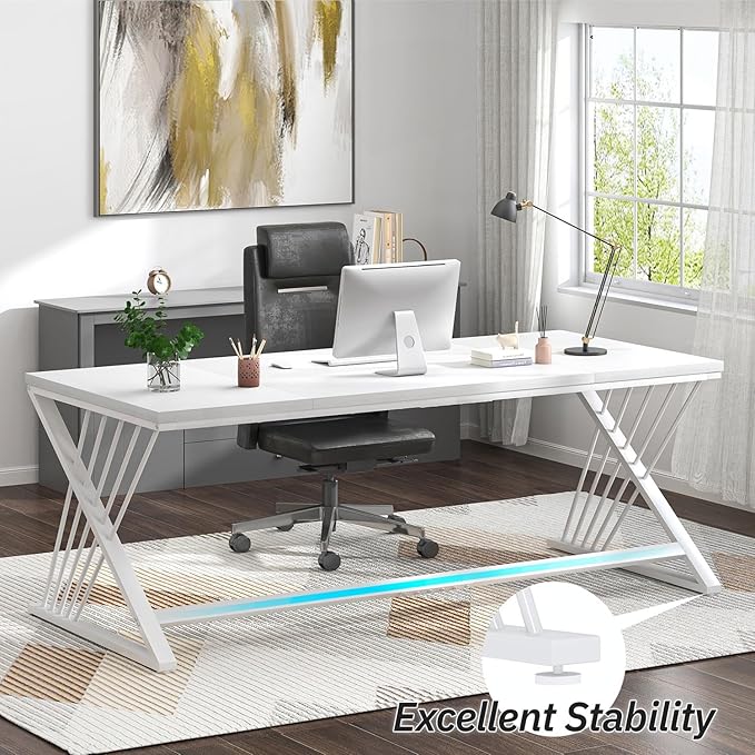 FOLUBAN 70.9" Modern Computer Desk with Z-Shaped Legs, Industrial Executive Home Office Desk for 2 Person, Large Writing Study Table for Bedroom, Gaming Workstation, White