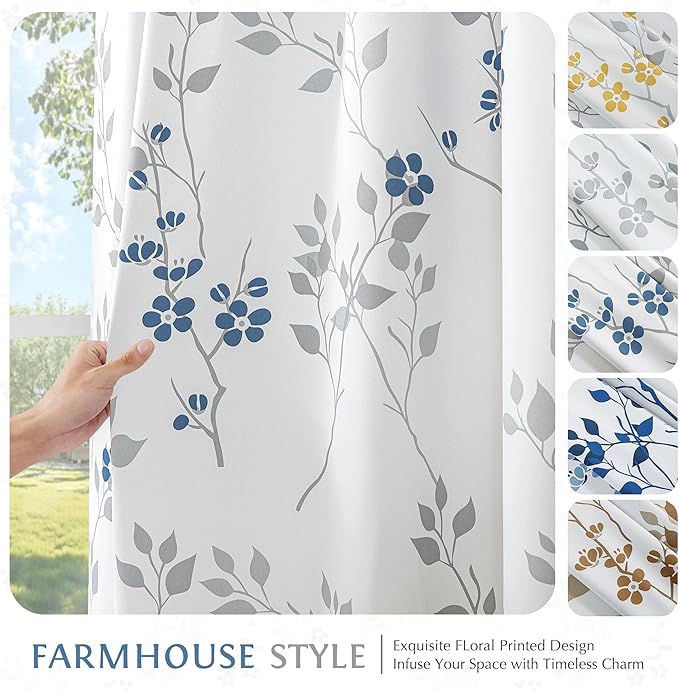 Beauoop Floral 100% Blackout Curtains 63 Inch Length 2 Panels for Bedroom Living Room Blue Grey and White Flower Patterned Room Darkening Thermal Soundproof Grommet Window Treatments Drapes, 52X63