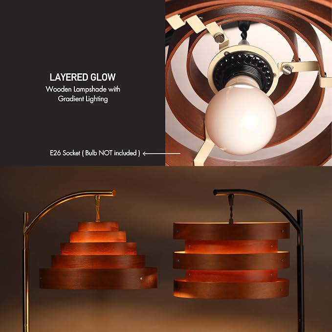 O’Bright Strata Wooden Floor Lamp - Mid Century Modern Standing Lamp with Layered Wood Shade, Tall Reading Lamp for Living Room, Bedroom, Office, Black, Dark Oak, Cascade Shade