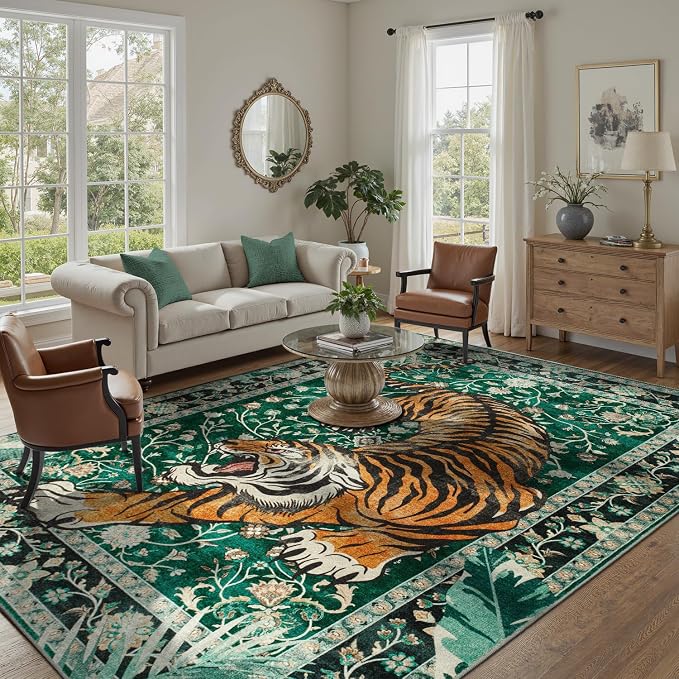 DCX Washable 9x12 Tiger Area Rug, Green Vintage Animal Rug for Living Room, Soft Low Pile Carpet, Kid & Pet Friendly with Rubber Back Non Slip, Stain Resistant Rug for Bedroom Dining Room Office