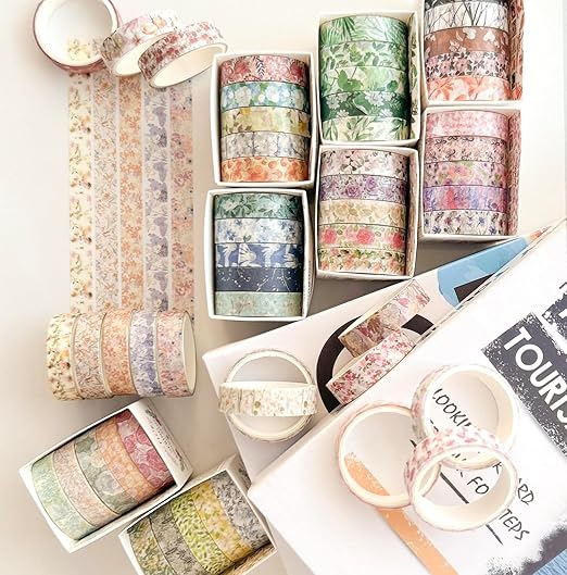 YUBX Flowers Washi Tape Set 60 Rolls Floral Patterns Decorative Skinny Blooms Masking Tapes for Arts, DIY Crafts, Journals, Planners, Scrapbook, Wrapping (Spring)