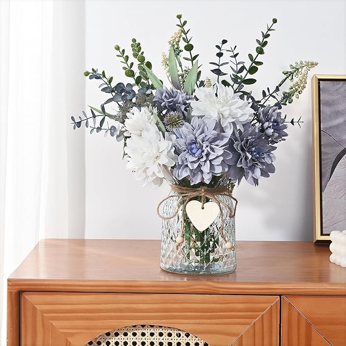MARTINE MALL Fake Flowers in Vase, Faux Flowers in Vase, Dahlia Artificial Flowers in Vase Centerpiece Table Decorations Artificial Flower Arrangement for Home Dining Room Office Farmhouse, Blue
