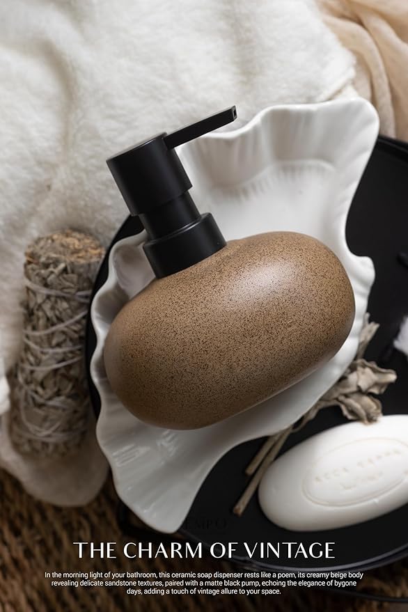 EMPO Ceramic Hand Soap Dispenser with Matte Black Pump, Stone-Textured Wabi-Sabi Liquid Dispenser for Bathroom Vanity and Kitchen Sink (300ml/10.14oz)