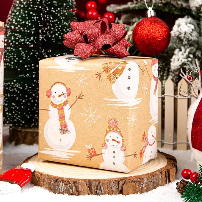 MAYPLUSS Christmas Wrapping Paper Roll - 17IN X 33FT - Kraft Gift Wrapping Paper Featuring Cute Scarf Snowman Snowflake Reversible Cut Lines for Kids, Holiday, New Year
