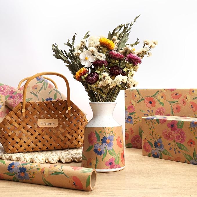 BIOBROWN Kraft Floral Wrapping Paper Roll - 17 Inches X 33 Feet (47 sq. ft. ttl.) Vintage Boho Rose Design Flower Gift Wrap for Wedding, Bridal Shower, Mothers Day, Holiday