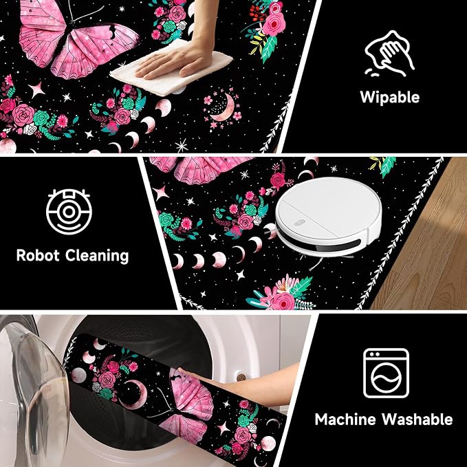 Pink Butterfly Area Rug 5'x7' Moon Phase Floral Rugs for Bedroom Living Room Kitchen Nursery Playroom Home Decor Boho Gothic Butterfly Carpet Non-Slip Washable Floor Mat