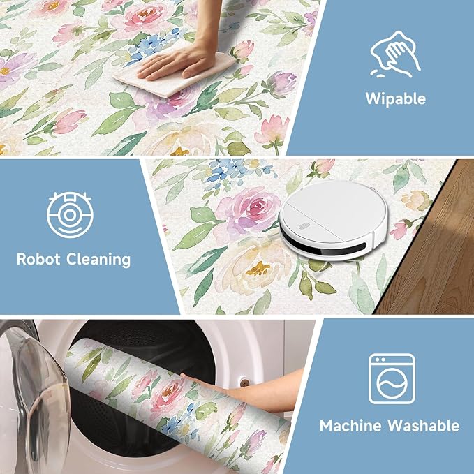 Watercolor Floral Rug 2'x3' Soft Pastel Botanical Area Rug for Entryway Bedroom Living Room Nursery Kitchen Playroom Home Decor Low Pile Non-Slip Washable Carpet