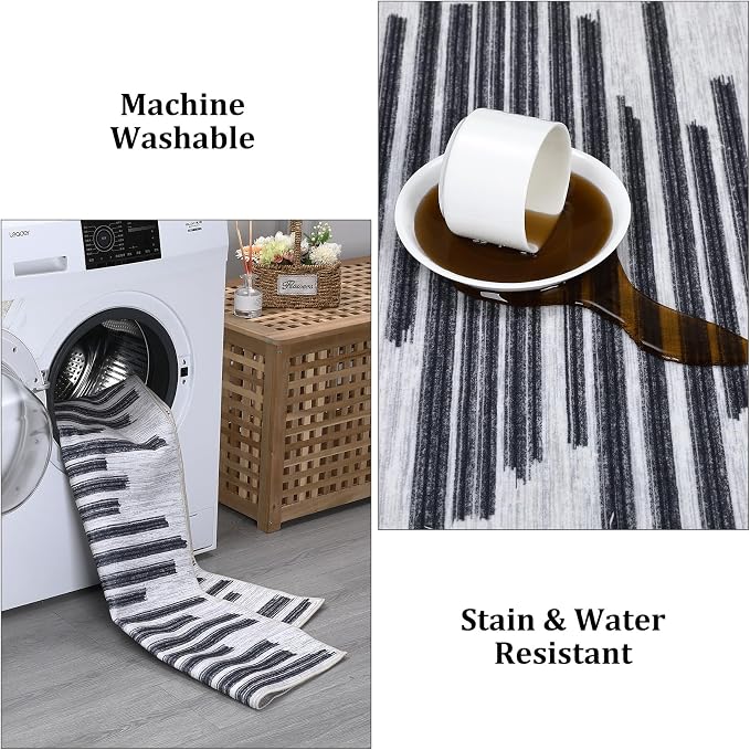 Washable 5x7 Rugs for Living Room Low Pile Soft Bedroom Rug Modern Abstract Lines Carpet Non Shedding Thin Office Carpets Contemporary Geometric Striped Floor Mats for Kitchen Nursery, Beige Black