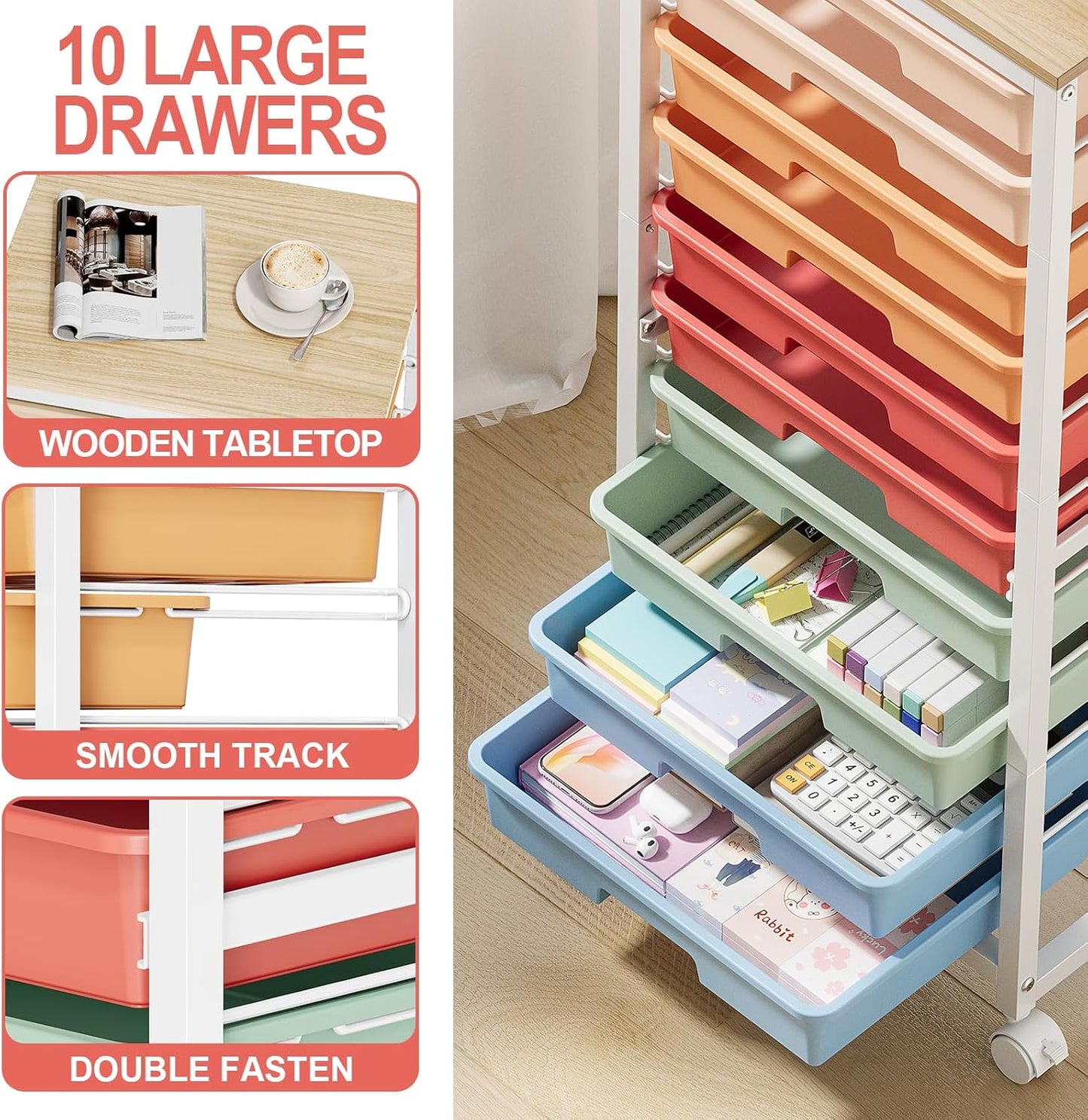 SYKIARIOL Rolling Cart - 10 Drawer Utility Storage Cart with Wheels & Wooden Tabletop | Rainbow Color