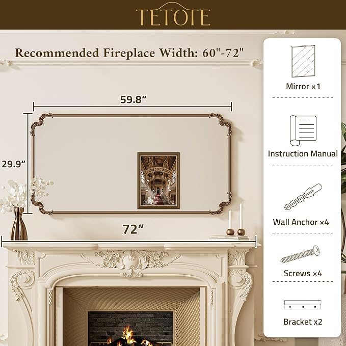 TETOTE Vintage Antique Black Rectangle Mirror for Mantle Fireplace 60 x 30 Traditional Baroque Ornate Scroll Wall Mirror with Metal Frame for Living Room Bedroom, Horizontal/Vertical