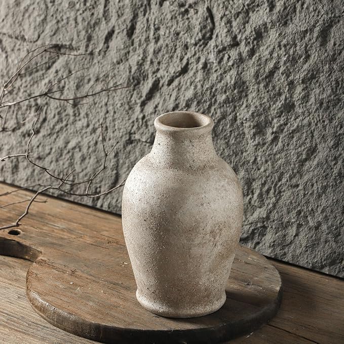 Handmade Rustic Ceramic Decorative vase, 8.3 x 5.5 inches, Off-White, Handcrafted in Vintage Style, Complements Rustic, Country, and Various Decor Themes.