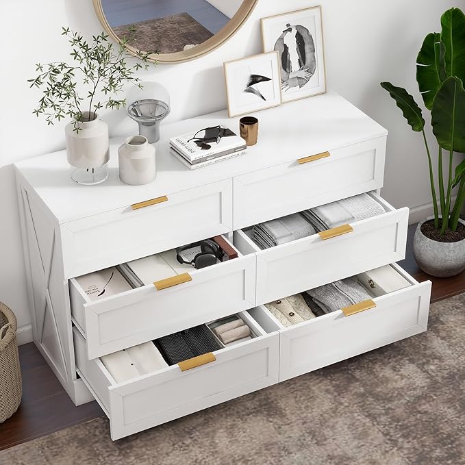 White 6 Drawer Dresser for Bedroom, Modern Dresser Chest of Drawer with Large Drawers & Rose Gold Handles, Wooden Dressers Drawer Storage Unit for Bedroom, Living Room, Closet
