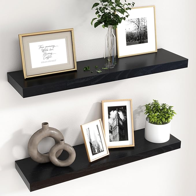 fuqing 30 Inch Floating Shelves for Wall, Black Wood Floating Shelves Set of 2, 30 Inch Wide x 6.7 Inch Deep Wooden Shelves for Living Room Bedroom Bathroom Home Office