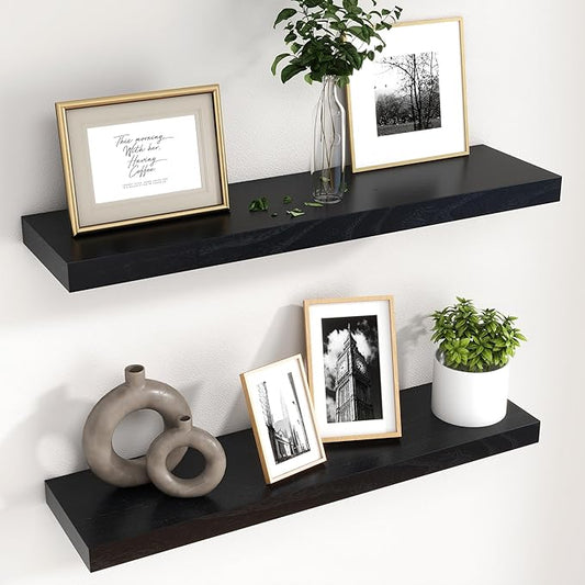 fuqing 30 Inch Floating Shelves for Wall, Black Wood Floating Shelves Set of 2, 30 Inch Wide x 6.7 Inch Deep Wooden Shelves for Living Room Bedroom Bathroom Home Office